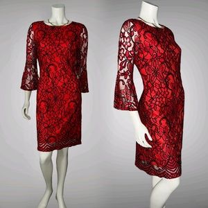 Sharagano |Red Lace Embroidered Sheath Midi Round Neck Dress | Bell Sleeve Dress